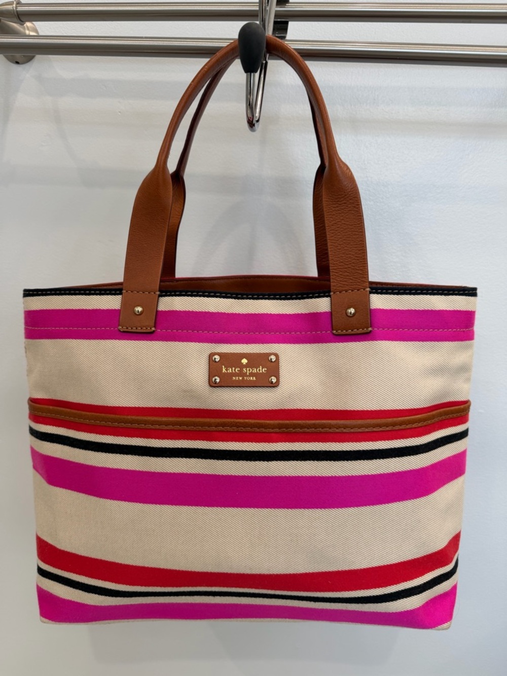 kate spade Pink, Red & Black Striped Canvas Tote with Tan Handles